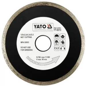 Диск алмазный YATO сплошной 125x5,3x22,2 мм для мокрой резки (YT-6013)