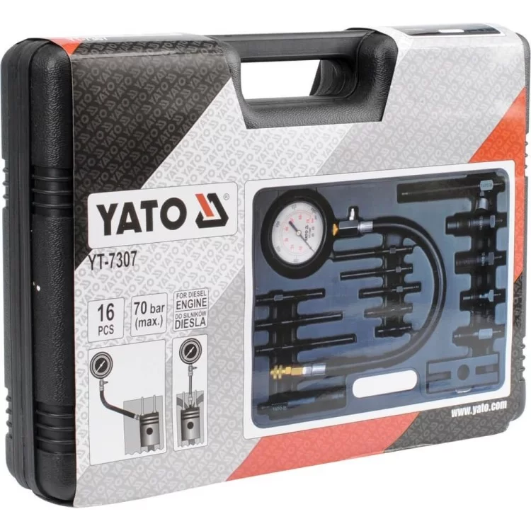 Компрессометр для дизель. двигателей YATO, со снаряж-м. 16пр, 70 Bar - YT-7307 ціна 2 750грн - фотографія 2
