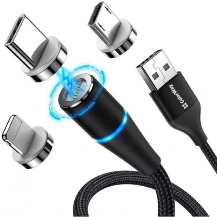 Дата кабель USB 2.0 AM to Lightning + Micro 5P + Type-C 1.0m Magnetic ColorWay (CW-CBUU038-BK) цена 507грн - фотография 2