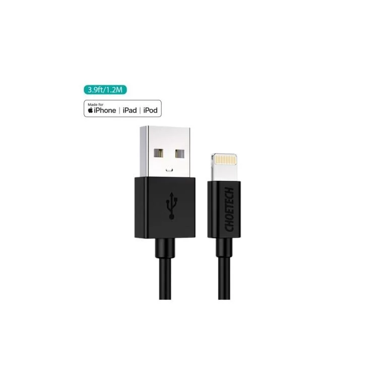 Дата кабель USB 2.0 AM to Lightning 1.2m 2.1A MFI Black Choetech (IP0026-BK) цена 718грн - фотография 2