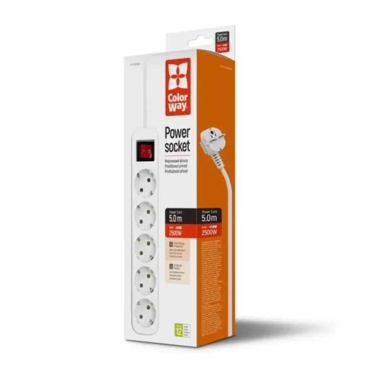 Мережевий фільтр живлення ColorWay CW-PSEA55W, 5 розеток/ 5M white (CW-PSEA55W) - фотографія 2