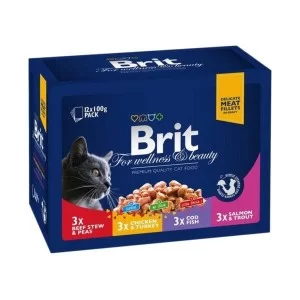 Вологий корм для кішок Brit Premium Cat сімейна тарілка асорті 4 смаки 100 г х 12 шт (8595602506255)