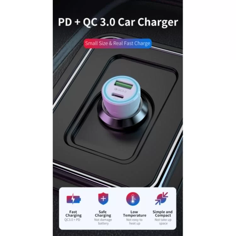 Зарядний пристрій T-Phox Rapid T-C08 Car Charger PD20W + QC3.0 18W Black (T-C08 Black) ціна 714грн - фотографія 2