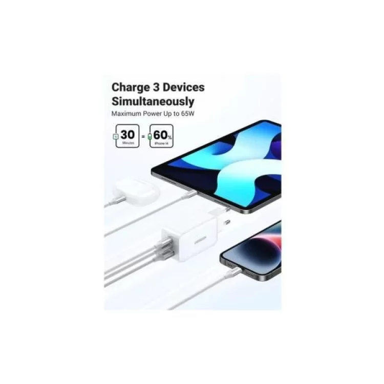 продаємо Зарядний пристрій Ugreen USB-A+2*USB-C 65W GaN Tech Fast White (CD224/15334) в Україні - фото 4