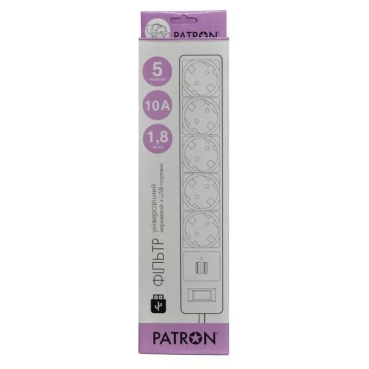 Мережевий фільтр живлення Patron 1.8m (SP-52) + 2 USB 2.0, 2.1A , 5 роз. BLACK (EXT-PN-SP-52-USB) ціна 558грн - фотографія 2