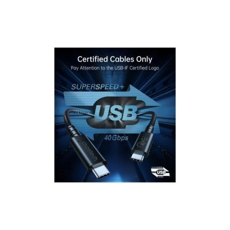 в продажу Дата кабель USB-C to USB-C 0.8m USB4 40Gbps PD 100W 8K60Hz Choetech (XCC-1028-BK) - фото 3