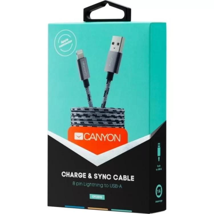 Дата кабель USB 2.0 AM to Lightning 1.0m Dark gray Canyon (CNE-CFI3DG) ціна 269грн - фотографія 2