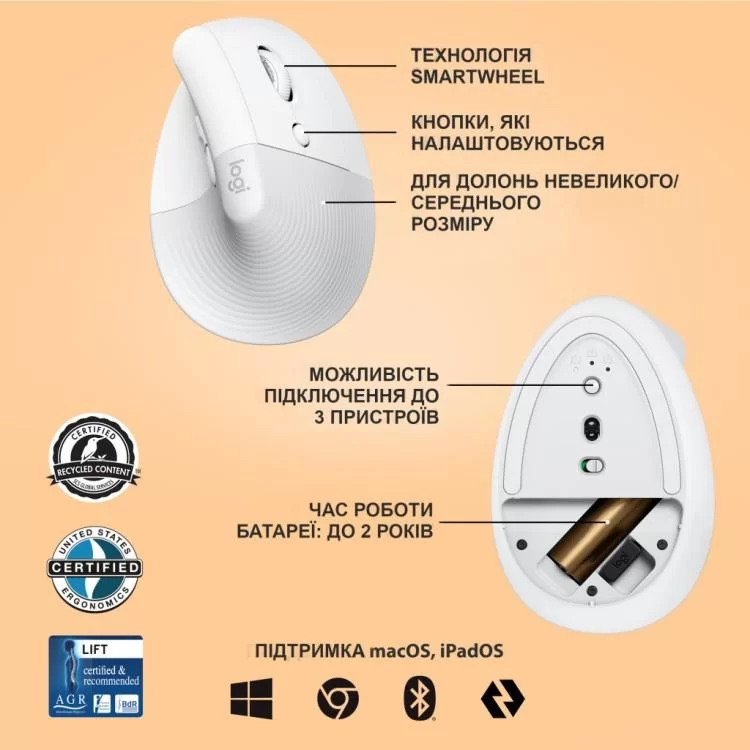 Мышка Logitech Lift Vertical Ergonomic Wireless/Bluetooth White (910-006475) инструкция - картинка 6