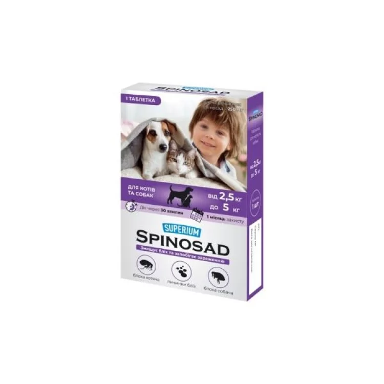 Таблетки для животных SUPERIUM Spinosad от блох для кошек и собак весом 2.5-5 кг (4823089337791)