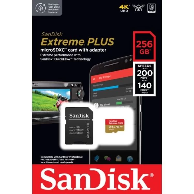 Карта пам'яті SanDisk 256GB microSD class 10 V30 Extreme PLUS (SDSQXBD-256G-GN6MA) ціна 3 011грн - фотографія 2