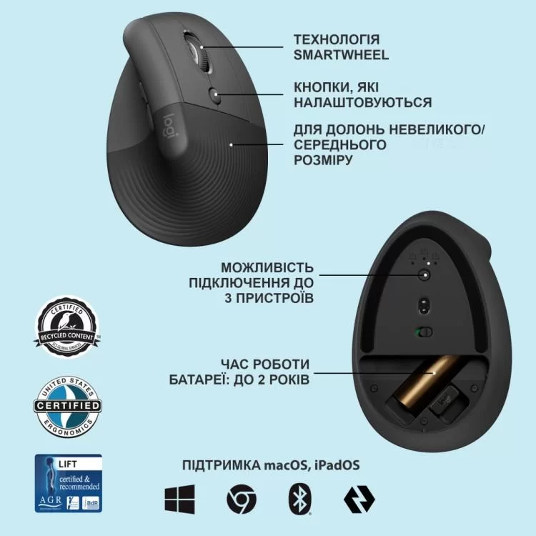 Мышка Logitech Lift Vertical Ergonomic Wireless/Bluetooth Graphite (910-006473) инструкция - картинка 6