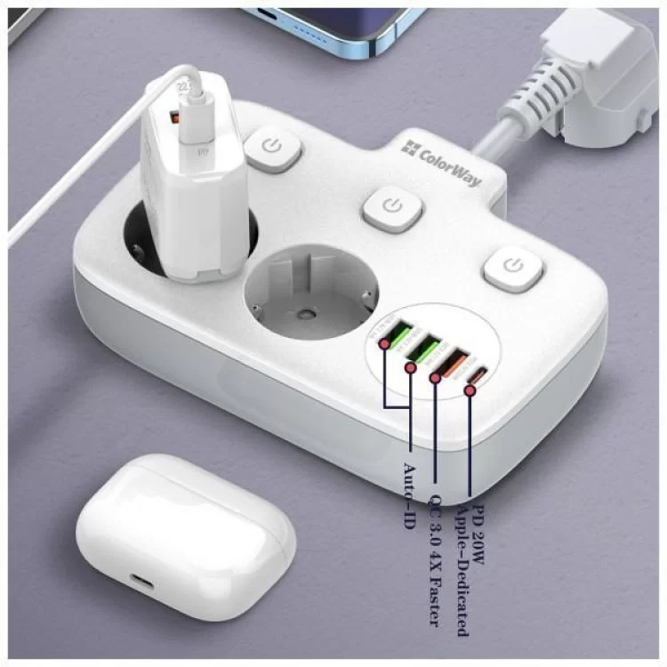 Мережевий фільтр живлення ColorWay CW-CHE24PDW 2 розетки/4USB (CW-CHE24PDW) характеристики - фотографія 7