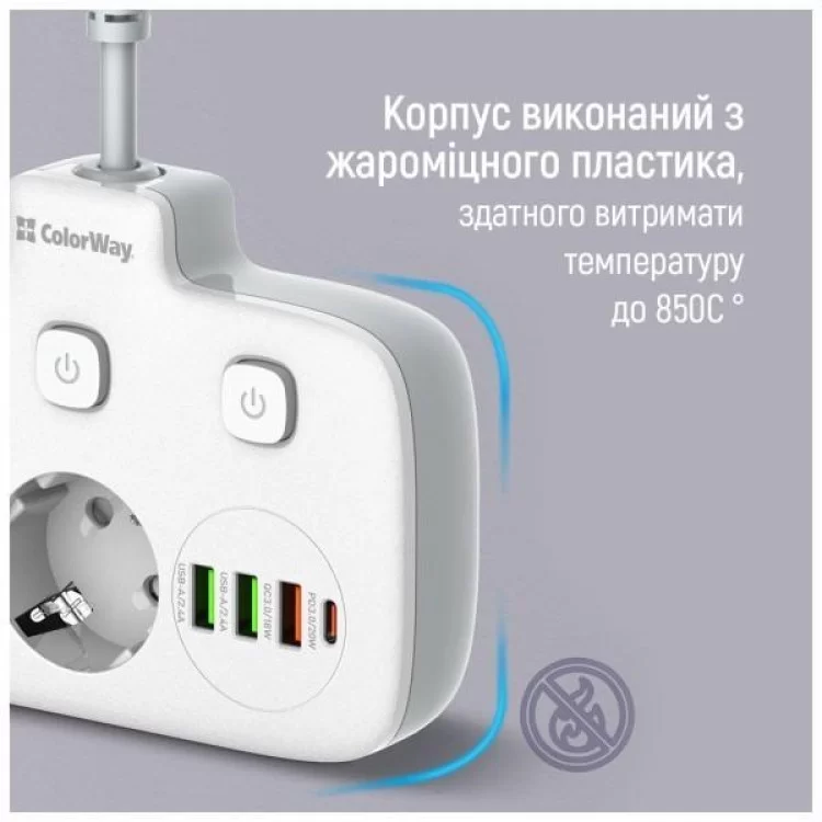 Мережевий фільтр живлення ColorWay CW-CHE24PDW 2 розетки/4USB (CW-CHE24PDW) - фото 9