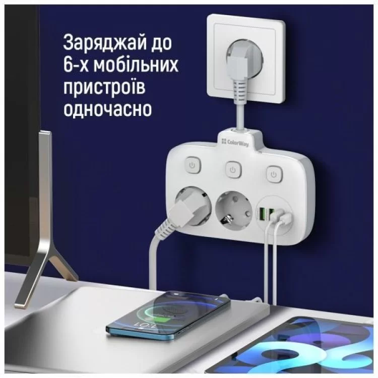 Мережевий фільтр живлення ColorWay CW-CHE24PDW 2 розетки/4USB (CW-CHE24PDW) - фото 10