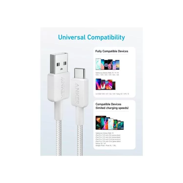 Дата кабель USB 2.0 AM to Type-C 1.8m 322 White Anker (A81H6H21) цена 671грн - фотография 2