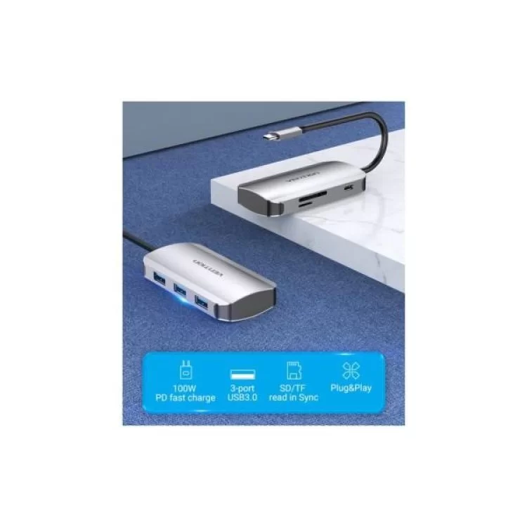 Концентратор Vention USB3.1 Type-C --> USB 3.0x3/SD/TF/PD 100W Hub 6-in-1 (TNHHB) цена 1 347грн - фотография 2