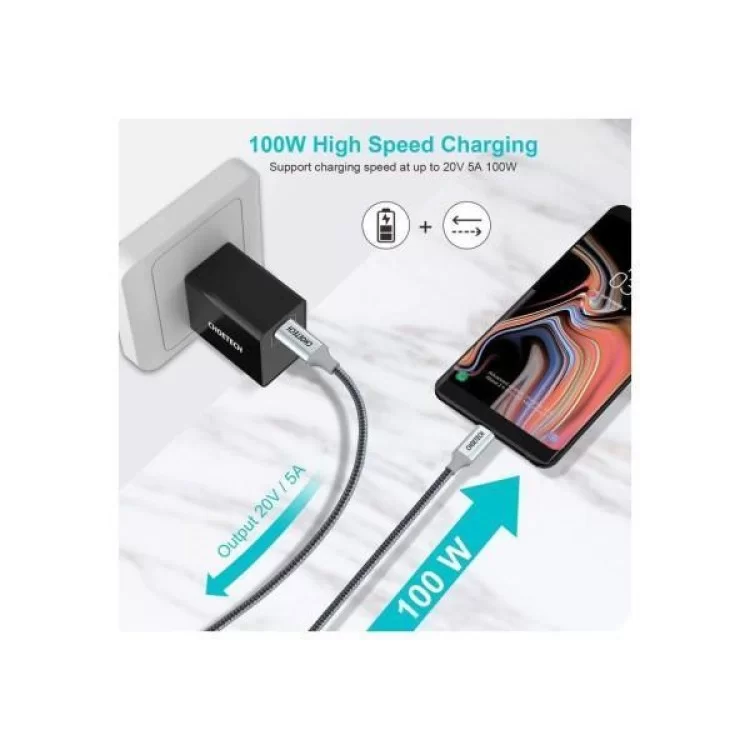 в продажу Дата кабель USB-C to USB-C 1.8m USB 2.0 100W Choetech (XCC-1002-GY) - фото 3