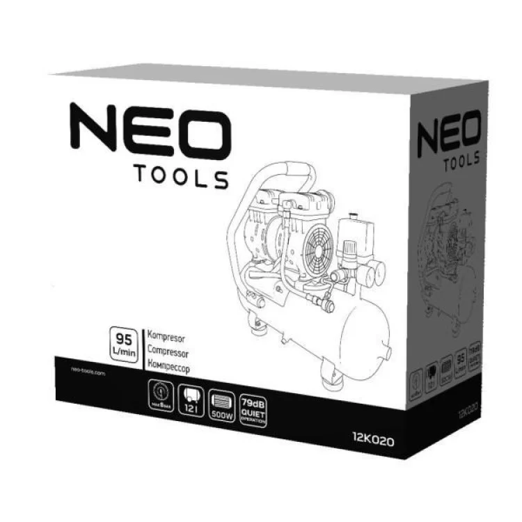 Компресор Neo Tools безоливний, 2-х поршневий, 230В, 12л, 8 Бар, 105л/хв, 500Вт, (12K020) - фото 11