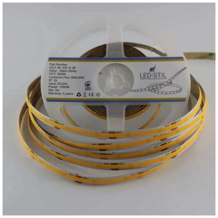 Светодиодная лента LED-STIL 3000K 10 Вт/м COB 320 диодов IP33 24 Вольта 900 lm теплый свет (UC3-24-320-8-90) цена 1 155грн - фотография 2