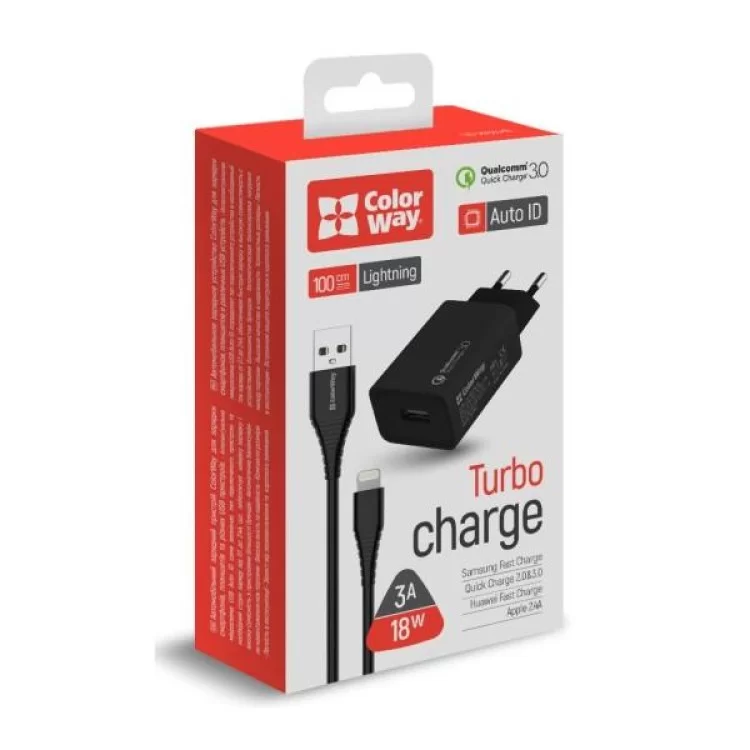 Зарядний пристрій ColorWay 1USB Quick Charge 3.0 (18W) black + cable Lightning (CW-CHS013QCL-BK) огляд - фото 8