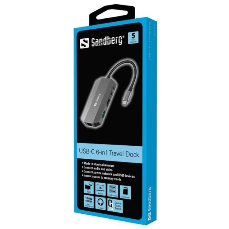 Концентратор Sandberg USB3.1 Type-C to HDMI/USB 3.0x2/RJ45/SD/TF/PD 100W 6in1 (136-33) цена 1 987грн - фотография 2