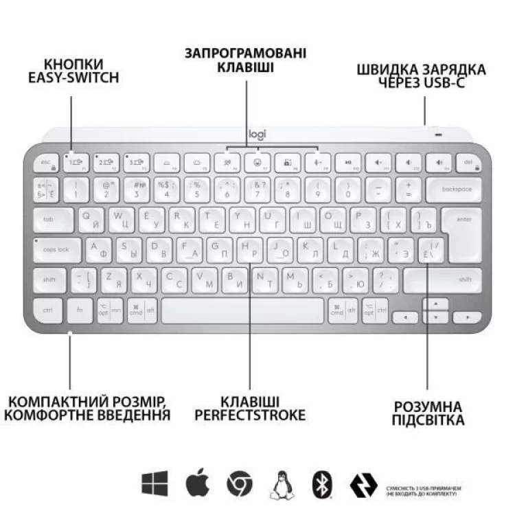 Клавіатура Logitech MX Keys Mini Wireless Illuminated UA Pale Grey (920-010499) інструкція - картинка 6