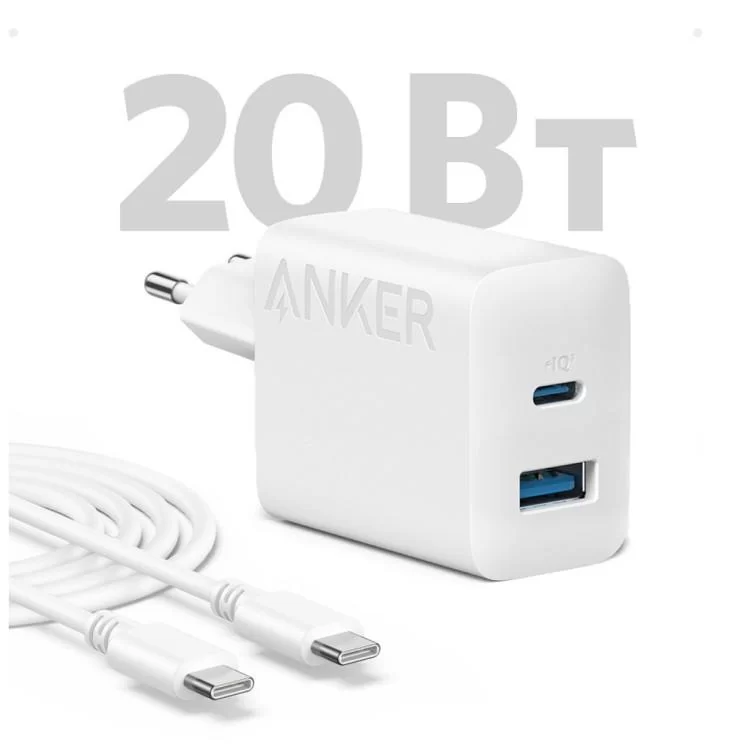 Зарядний пристрій Anker PowerPort 312 - 20W USB-C USB-A + USB-C cable White (B2348G21) ціна 1 112грн - фотографія 2