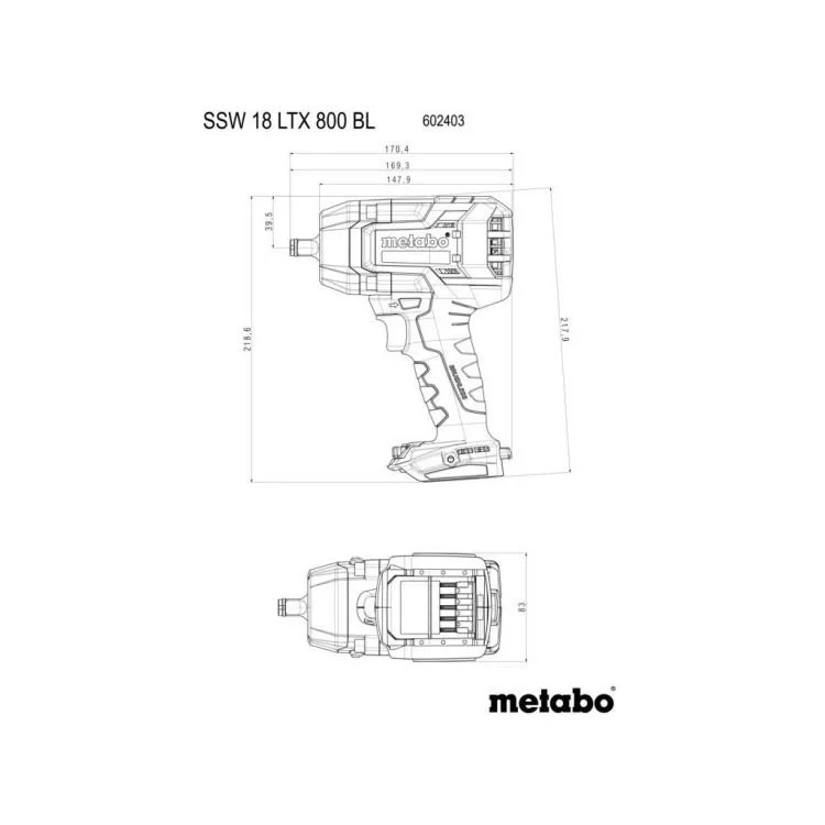 Гайковерт Metabo SSSW 18 LTX 800 BL, 18В, 1200Нм, М24, 0-2575об/хв (без АКБ та ЗУ) (602403850) ціна 11 999грн - фотографія 2