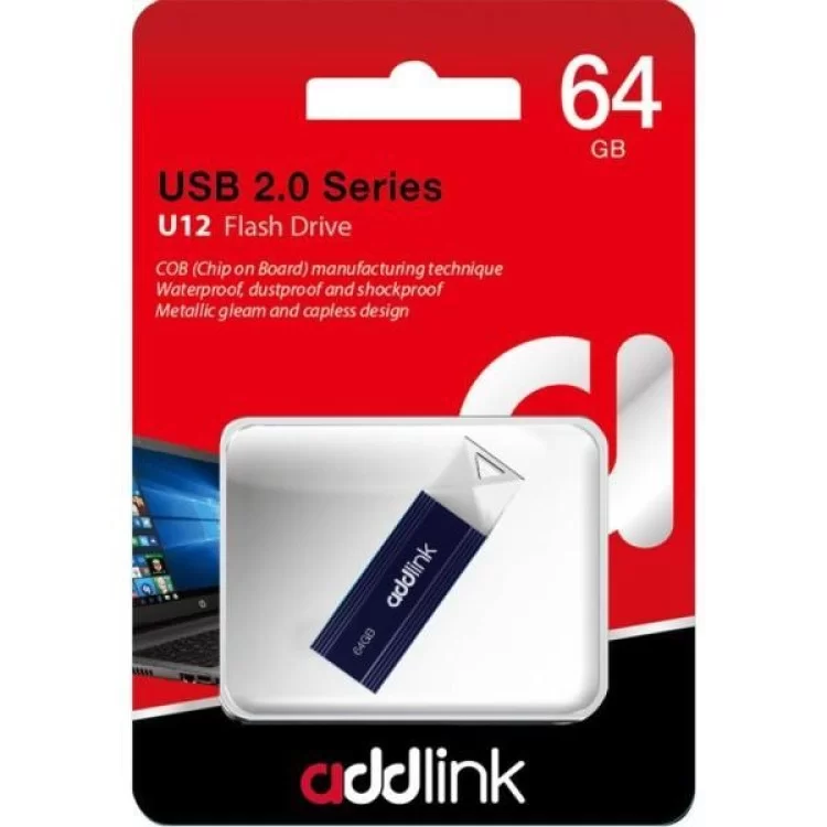 USB флеш накопичувач AddLink 64GB U12 Dark Blue USB 2.0 (ad64GBU12D2) ціна 321грн - фотографія 2