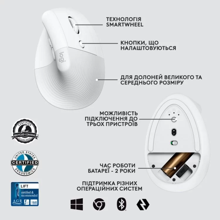 Мишка Logitech Lift Vertical Ergonomic Wireless/Bluetooth for Business Off-white (910-006496) інструкція - картинка 6