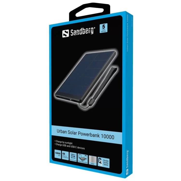 Батарея универсальная Sandberg 10000mAh, Urban, Solar Panel 5V/450mA, PD/18W, Q.C/3.0, USB-C, Micro-USB, USB-A (420-54) характеристики - фотография 7