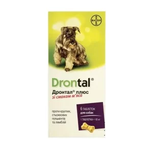 Таблетки для тварин Bayer Дронтал Плюс для лікування і профілактики гельмінтозів для собак 6 таб. (4007221039419/4007221042228)