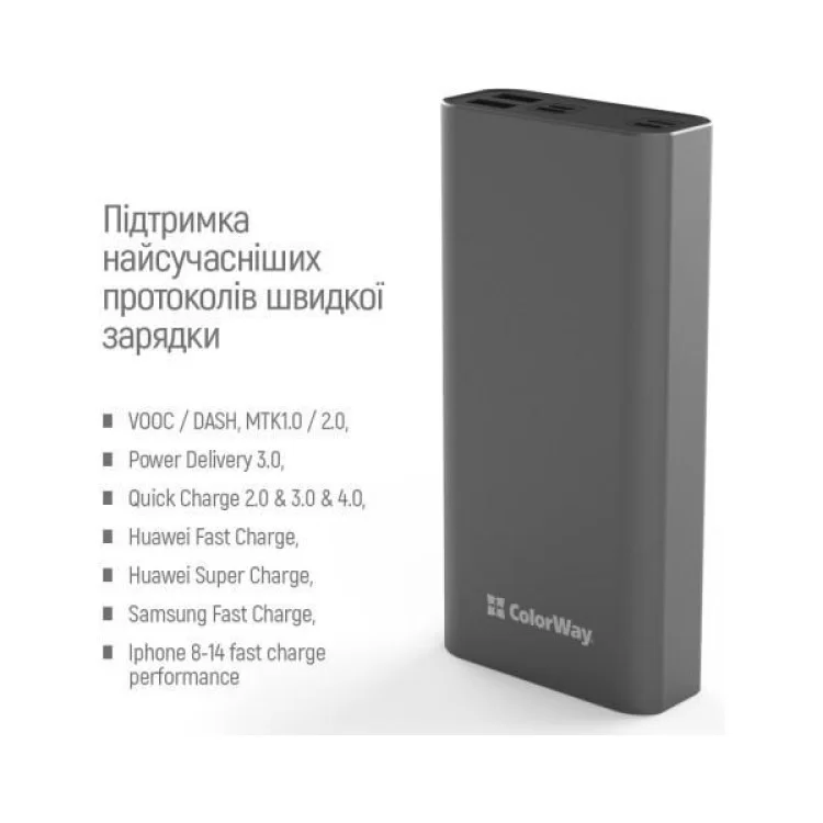 Батарея универсальная ColorWay 20 000 mAh PD/20W, QC/3.0, USB-C/Micro-USB/Lightning/USB-A max.22.5W Gray (CW-PB200LPH3GR-PDD) характеристики - фотография 7