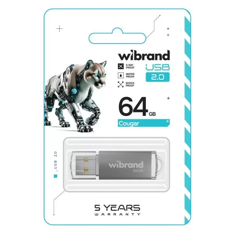 USB флеш накопичувач Wibrand 64GB Cougar Silver USB 2.0 (WI2.0/CU64P1S) ціна 305грн - фотографія 2