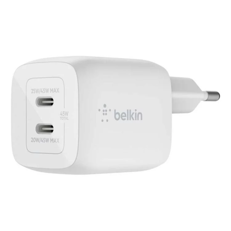 Зарядний пристрій Belkin 45W 2хUSB-С GAN PD PPS white (WCH011VFWH)