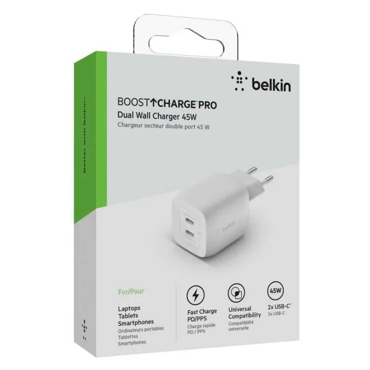 Зарядний пристрій Belkin 45W 2хUSB-С GAN PD PPS white (WCH011VFWH) ціна 1 828грн - фотографія 2