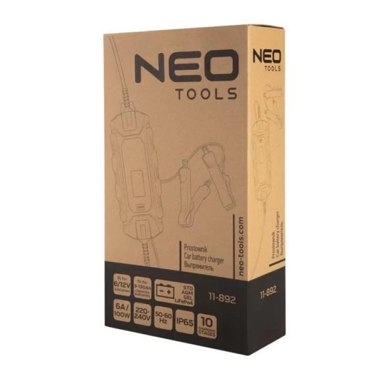 Зарядний пристрій для автомобільного акумулятора Neo Tools 6А/100Вт, 3-150Ач, для кислотних/AGM/GEL (11-892) характеристики - фотографія 7