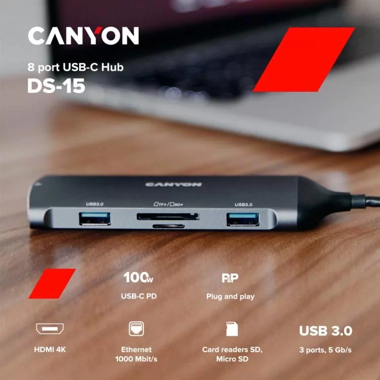 в продажу Порт-реплікатор Canyon 8-in-1 USB-C (CNS-TDS15) - фото 3