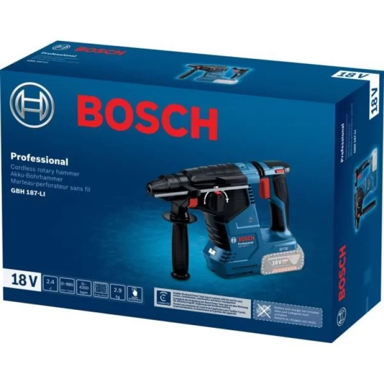 Перфоратор Bosch GBH 187-LI Professional 18 В, SDS-Plus, 2.4 Дж, 980 об/мин (без АКБ и ЗУ) (0.611.923.020) - фото 15