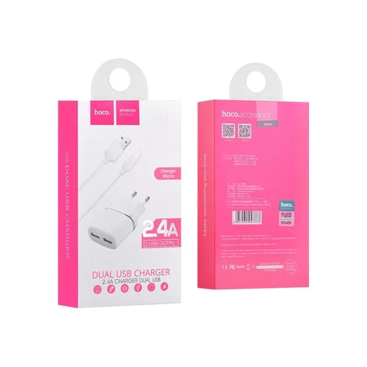 Зарядний пристрій HOCO C12 Smart dual USB (Micro cable)charger set White (6957531047773) інструкція - картинка 6