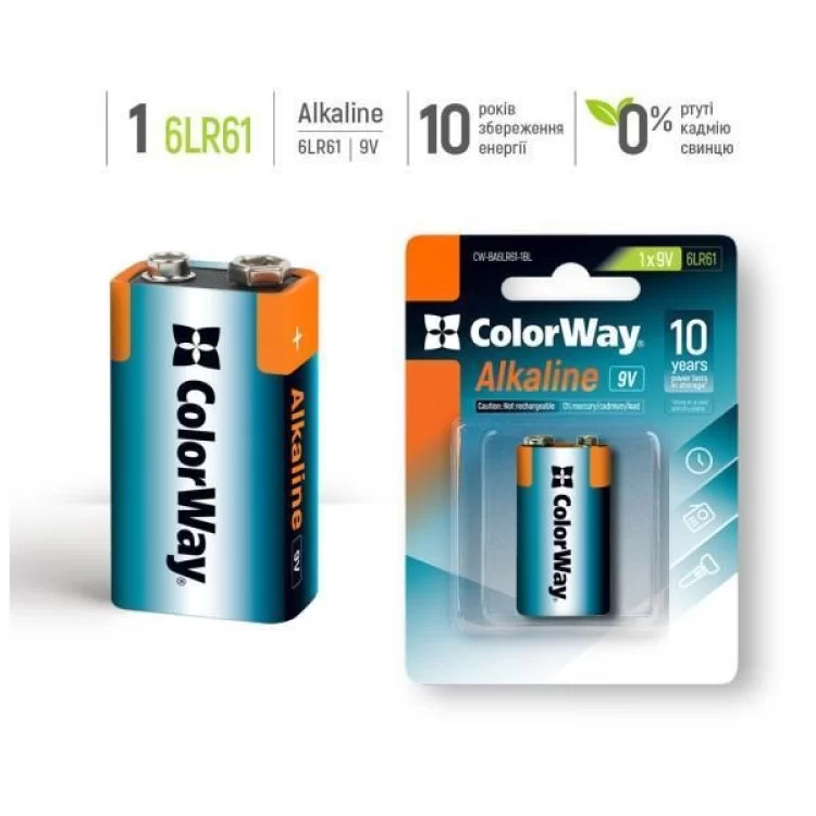 в продажу Батарейка ColorWay Крона 6LR61 9V Alkaline Power * 1 (CW-BA6LR61-1BL) - фото 3