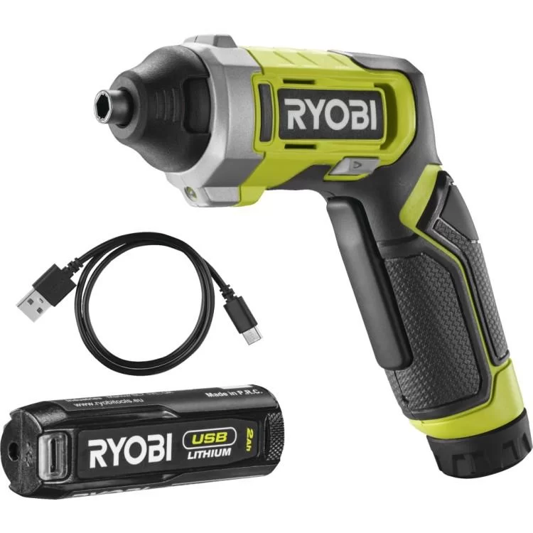 Отвертка аккумуляторная Ryobi RSD4-120T 4В, USB, Lithium, 1х2Ah, 5Нм, 200об/мин, кейс, 10 насадок (5133006210)