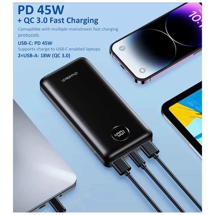 продаємо Батарея універсальна Choetech 20000mAh, PD/3.0/45W, QC/3.0/18W, USB-C, 2*USB-A (B653-CCBK / B653-BK) в Україні - фото 4