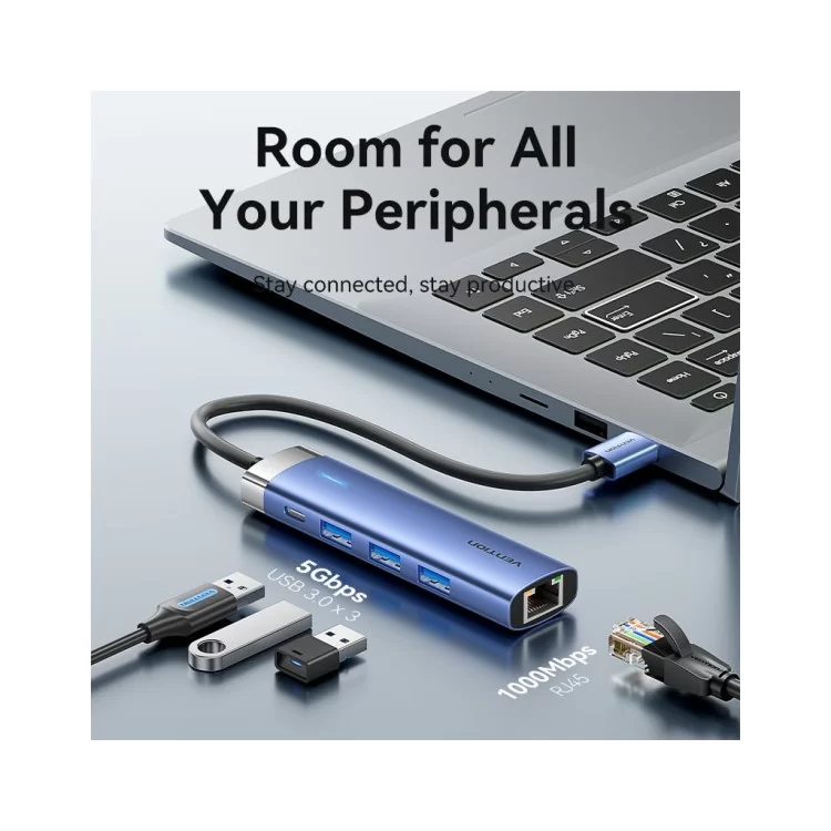 продаем Концентратор Vention USB 3.0 to USB 3.0x3/RJ45/Type-C Hub Blue Aluminum Alloy 5-in-1 (TGFSB) в Украине - фото 4