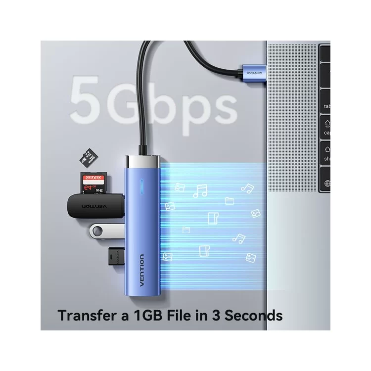 Концентратор Vention USB 3.0 to USB 3.0x3/RJ45/Type-C Hub Blue Aluminum Alloy 5-in-1 (TGFSB) отзывы - изображение 5