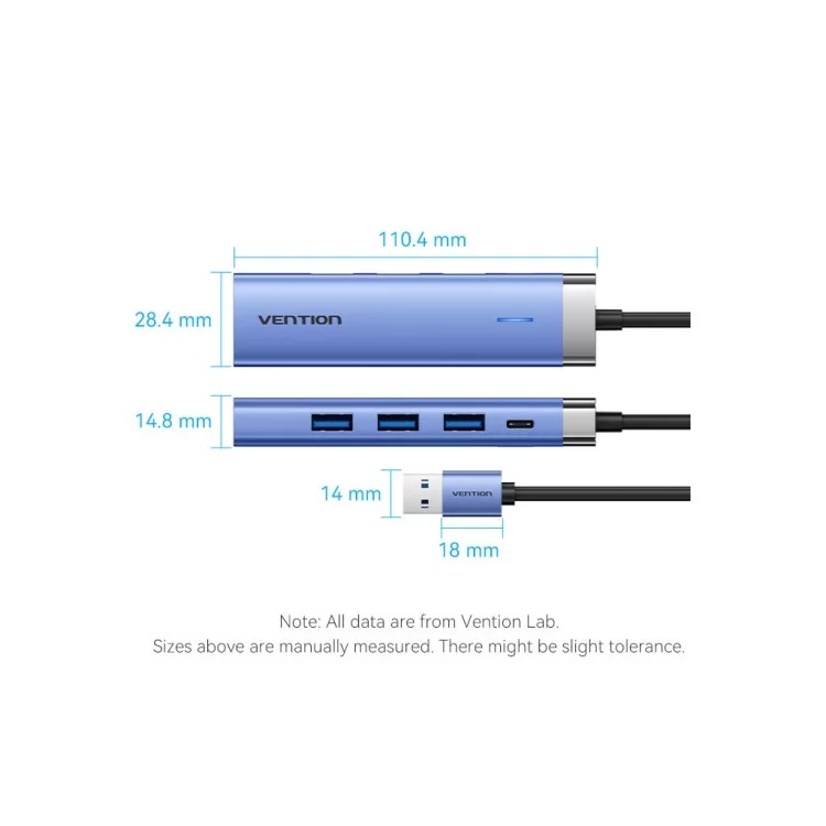 Концентратор Vention USB 3.0 to USB 3.0x3/RJ45/Type-C Hub Blue Aluminum Alloy 5-in-1 (TGFSB) - фото 9