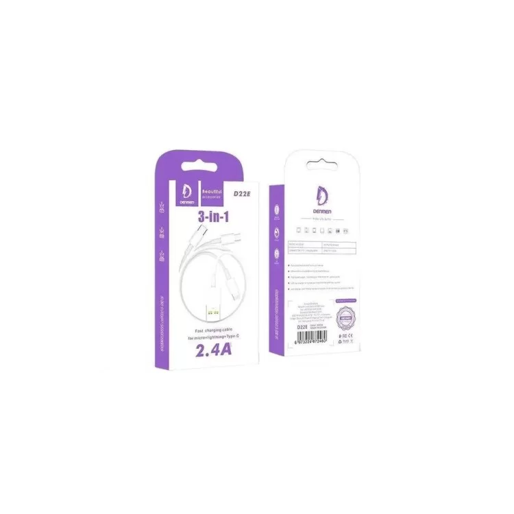 в продажу Дата кабель USB 2.0 AM to Lightning + Micro 5P + Type-C 1.0m D22E White Denmen (DM-D22E-WH) - фото 3