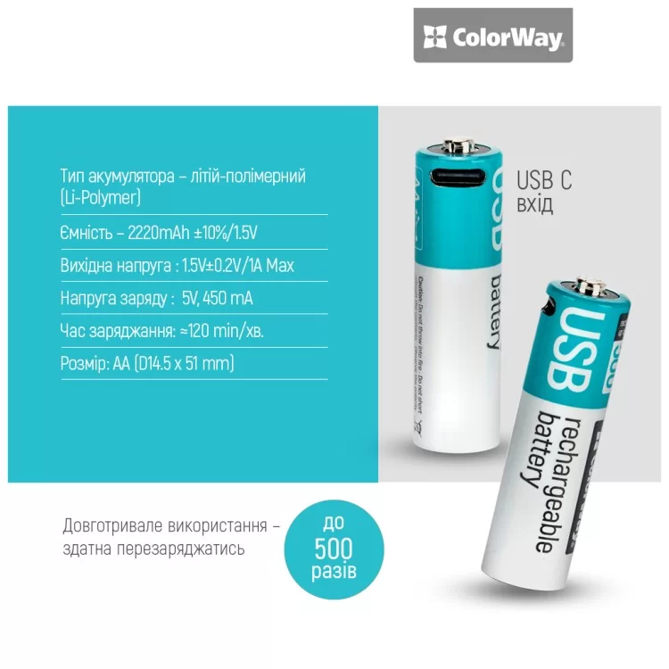 Аккумулятор ColorWay AA USB-С 2220 mAh 1.5V (2шт) (Li-Polymer) (CW-UBAA-10) инструкция - картинка 6