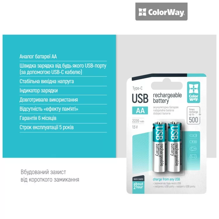 Аккумулятор ColorWay AA USB-С 2220 mAh 1.5V (2шт) (Li-Polymer) (CW-UBAA-10) обзор - фото 8