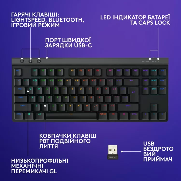 Клавіатура Logitech G515 TKL Lightspeed Tactile Bluetooth UA Black (920-012538) характеристики - фотографія 7